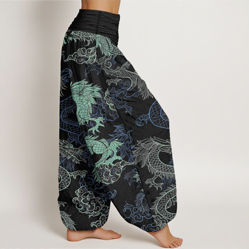 Buddha Stones Pantalones harem de algodón con estampado de dragón azul celeste para mujer con cintura elástica. - image 2