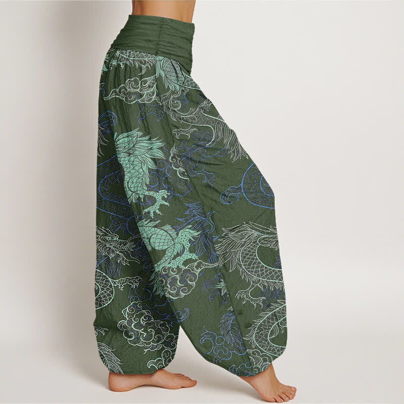 Buddha Stones Pantalones harem de algodón con estampado de dragón azul celeste para mujer con cintura elástica. - image 7