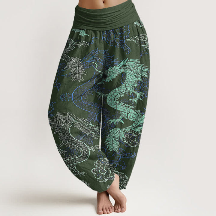 Buddha Stones Pantalones harem de algodón con estampado de dragón azul celeste para mujer con cintura elástica. - Verde oliva oscuro - US16，UK/AU20，EU48 (3XL) - image 5