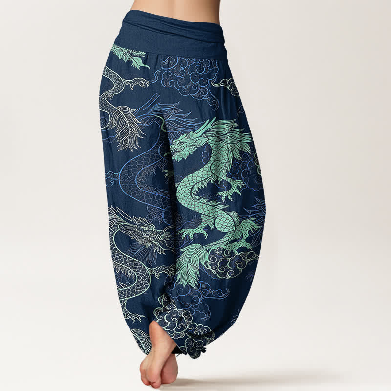 Buddha Stones Pantalones harem de algodón con estampado de dragón azul celeste para mujer con cintura elástica. - image 9