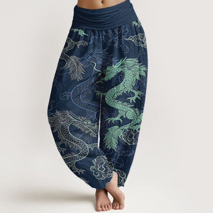 Buddha Stones Pantalones harem de algodón con estampado de dragón azul celeste para mujer con cintura elástica. - Marina de guerra - US16，UK/AU20，EU48 (3XL) - image 8