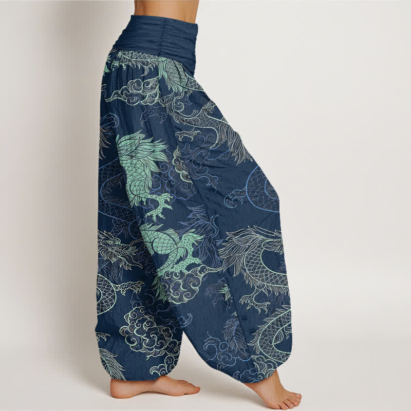 Buddha Stones Pantalones harem de algodón con estampado de dragón azul celeste para mujer con cintura elástica. - image 10