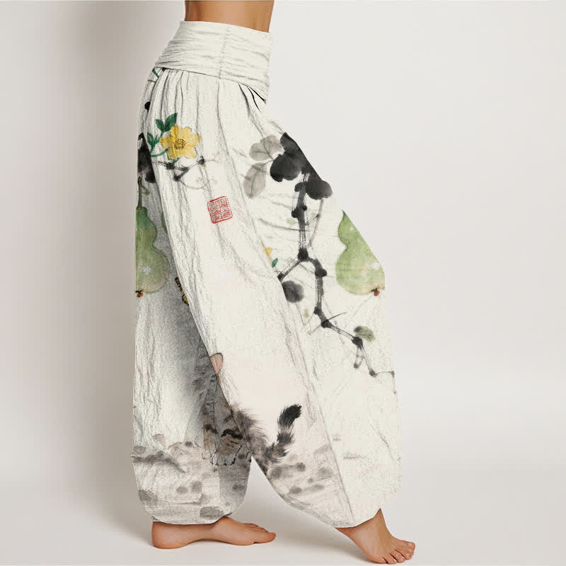 Buddha Stones Pantalones harem de mujer con cintura elástica y estampado de calabaza y gato de Cotton Ink. - image 2