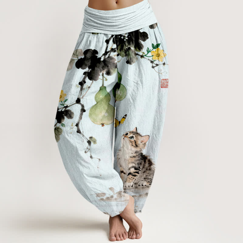 Buddha Stones Pantalones harem de mujer con cintura elástica y estampado de calabaza y gato de Cotton Ink. - Azul claro - US16，UK/AU20，EU48 (3XL) - image 5