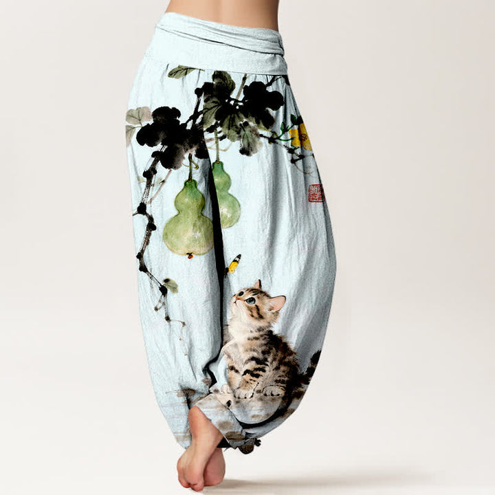 Buddha Stones Pantalones harem de mujer con cintura elástica y estampado de calabaza y gato de Cotton Ink. - image 6