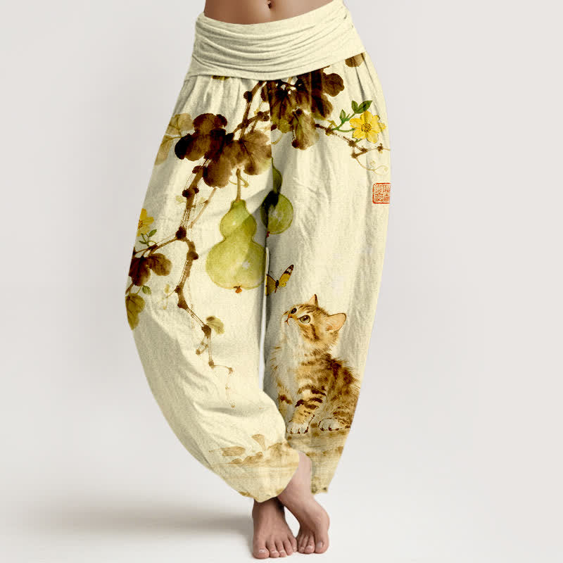 Buddha Stones Pantalones harem de mujer con cintura elástica y estampado de calabaza y gato de Cotton Ink. - seda de maíz - US16，UK/AU20，EU48 (3XL) - image 8