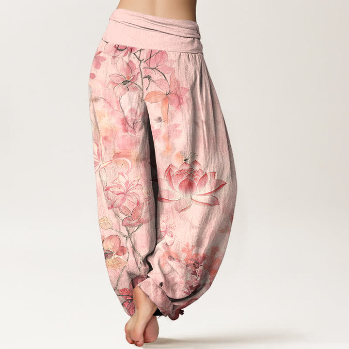 Buddha Stones Pantalones harem de mujer con cintura elástica y estampado de libélulas y flores de loto de algodón. - image 1