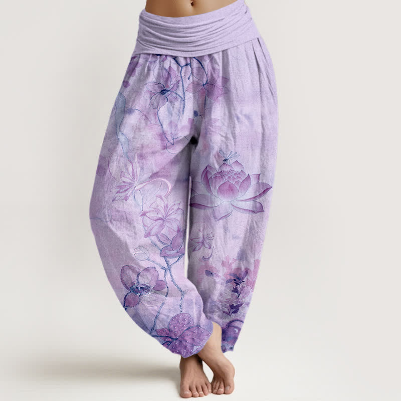 Buddha Stones Pantalones harem de mujer con cintura elástica y estampado de libélulas y flores de loto de algodón. - Lavanda - US16，UK/AU20，EU48 (3XL) - image 5