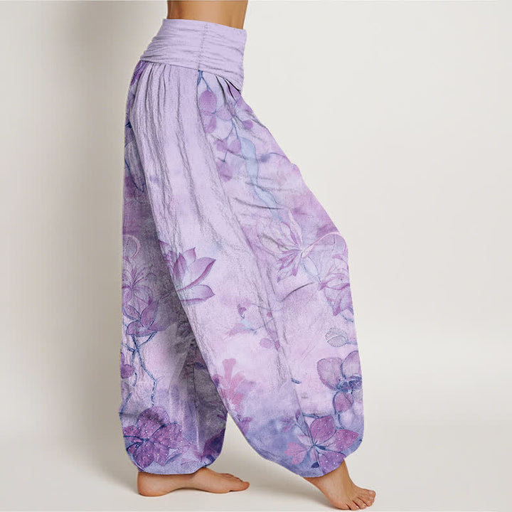 Buddha Stones Pantalones harem de mujer con cintura elástica y estampado de libélulas y flores de loto de algodón. - image 7