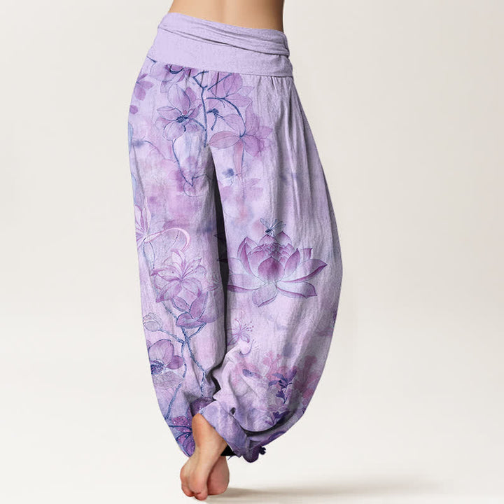 Buddha Stones Pantalones harem de mujer con cintura elástica y estampado de libélulas y flores de loto de algodón. - image 6