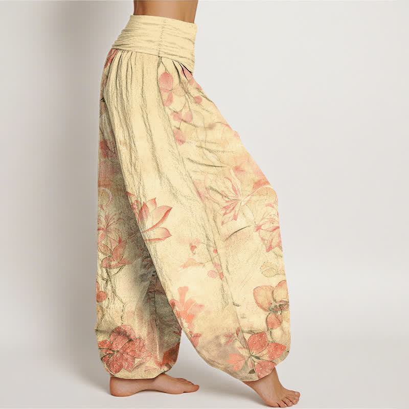 Buddha Stones Pantalones harem de mujer con cintura elástica y estampado de libélulas y flores de loto de algodón. - image 10