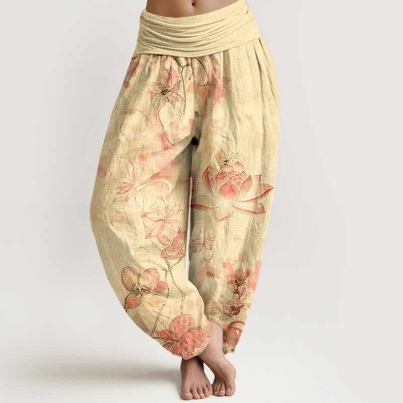 Buddha Stones Pantalones harem de mujer con cintura elástica y estampado de libélulas y flores de loto de algodón. - Limón Chiffon - US16，UK/AU20，EU48 (3XL) - image 8