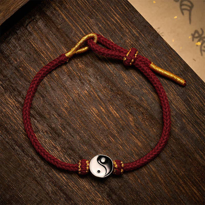 Buddha Stones Pulsera ajustable de cordón trenzado con diseño Yin Yang rojo tejido a mano - Vino tinto - image 0