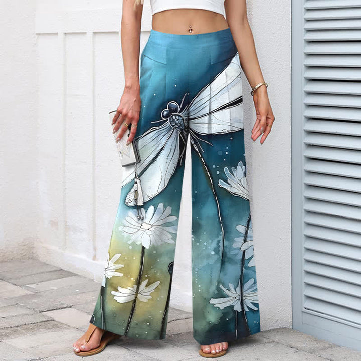 Buddha Stones Pantalones de mujer de algodón y lino con estampado de libélulas y margaritas, cintura elástica, pernera ancha y bolsillos. - image 1