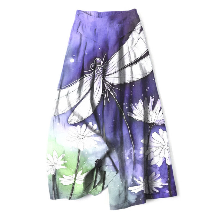 Buddha Stones Pantalones de mujer de algodón y lino con estampado de libélulas y margaritas, cintura elástica, pernera ancha y bolsillos. - Morado medio - US16，UK/AU20，EU48 (3XL) - image 4