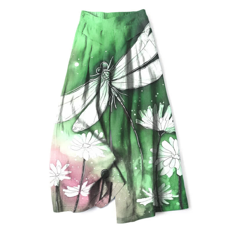Buddha Stones Pantalones de mujer de algodón y lino con estampado de libélulas y margaritas, cintura elástica, pernera ancha y bolsillos. - Verde mar medio - US16，UK/AU20，EU48 (3XL) - image 6