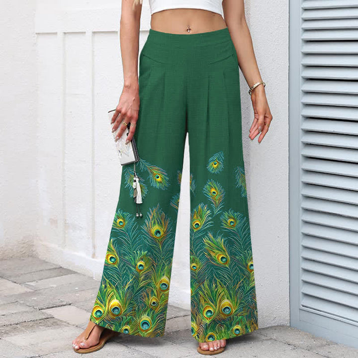 Buddha Stones Pantalones de mujer de algodón y lino con estampado de plumas de pavo real, cintura elástica y pernera ancha con bolsillos. - image 5
