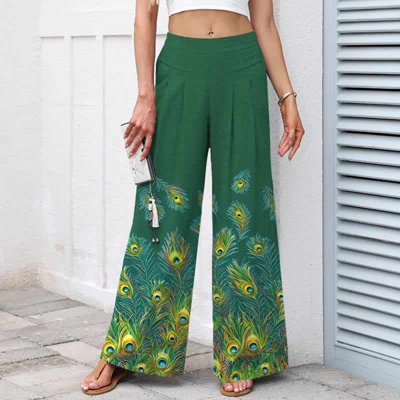 Buddha Stones Pantalones de mujer de algodón y lino con estampado de plumas de pavo real, cintura elástica y pernera ancha con bolsillos. - image 5
