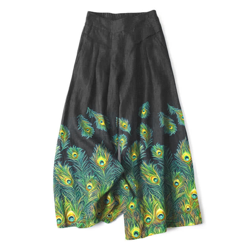 Buddha Stones Pantalones de mujer de algodón y lino con estampado de plumas de pavo real, cintura elástica y pernera ancha con bolsillos. - Negro - US16，UK/AU20，EU48 (3XL) - image 6