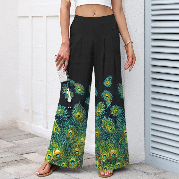 Buddha Stones Pantalones de mujer de algodón y lino con estampado de plumas de pavo real, cintura elástica y pernera ancha con bolsillos. - image 7
