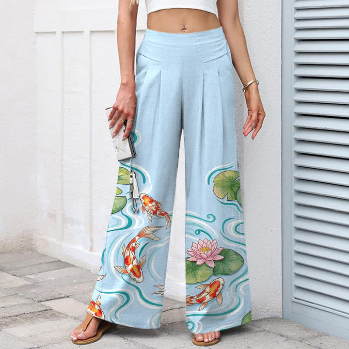 Buddha Stones Pantalones de mujer de lino y algodón con estampado de peces koi y estanque de lotos rosas, cintura elástica, pernera ancha y bolsillos. - image 1