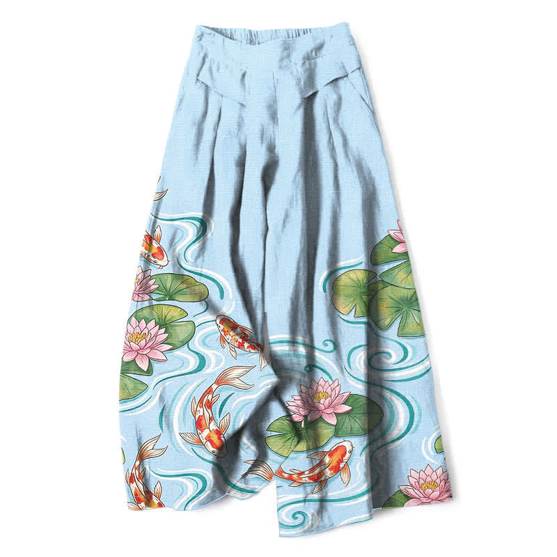 Buddha Stones Pantalones de mujer de lino y algodón con estampado de peces koi y estanque de lotos rosas, cintura elástica, pernera ancha y bolsillos. - Azul claro - US16，UK/AU20，EU48 (3XL) - image 0