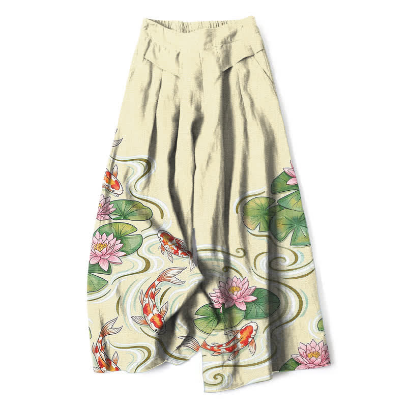 Buddha Stones Pantalones de mujer de lino y algodón con estampado de peces koi y estanque de lotos rosas, cintura elástica, pernera ancha y bolsillos. - seda de maíz - US16，UK/AU20，EU48 (3XL) - image 6