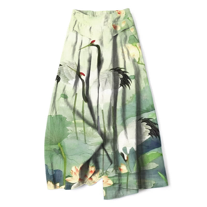 Buddha Stones Pantalones de mujer de algodón y lino con estampado de grullas y lotos, cintura elástica, pernera ancha y bolsillos. - Verde pálido - US16，UK/AU20，EU48 (3XL) - image 4