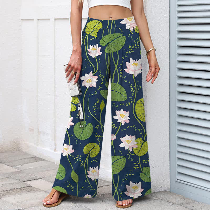 Buddha Stones Pantalones de mujer de algodón y lino con estampado de hojas de loto en color verde, cintura elástica y pernera ancha con bolsillos. - image 1