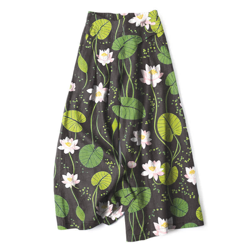 Buddha Stones Pantalones de mujer de algodón y lino con estampado de hojas de loto en color verde, cintura elástica y pernera ancha con bolsillos. - Negro - US16，UK/AU20，EU48 (3XL) - image 4