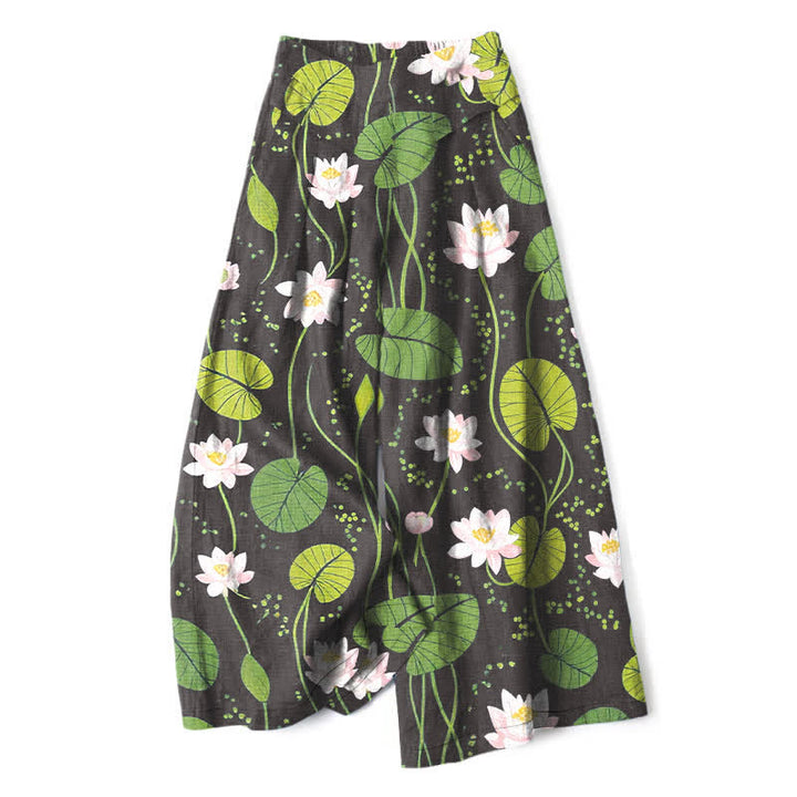 Buddha Stones Pantalones de mujer de algodón y lino con estampado de hojas de loto en color verde, cintura elástica y pernera ancha con bolsillos. - Negro - US16，UK/AU20，EU48 (3XL) - image 4