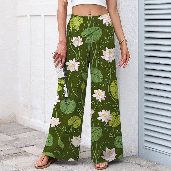 Buddha Stones Pantalones de mujer de algodón y lino con estampado de hojas de loto en color verde, cintura elástica y pernera ancha con bolsillos. - image 7