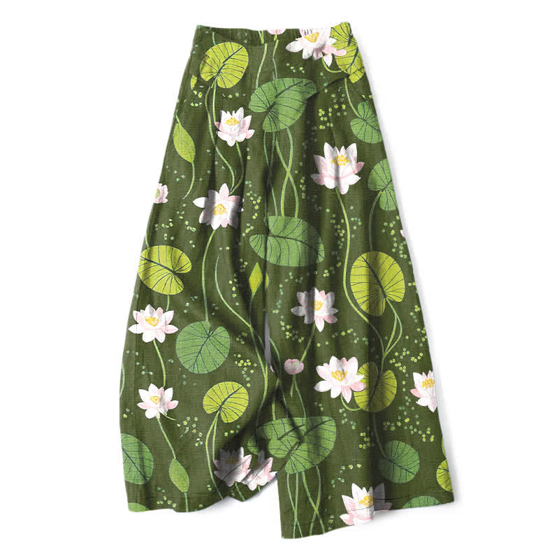 Buddha Stones Pantalones de mujer de algodón y lino con estampado de hojas de loto en color verde, cintura elástica y pernera ancha con bolsillos. - Verde oliva - US16，UK/AU20，EU48 (3XL) - image 6