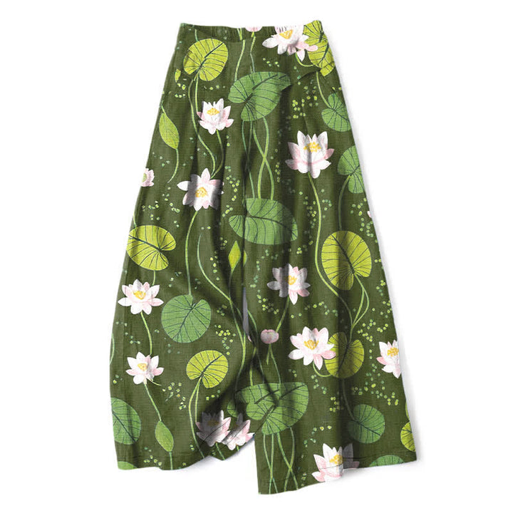 Buddha Stones Pantalones de mujer de algodón y lino con estampado de hojas de loto en color verde, cintura elástica y pernera ancha con bolsillos. - Verde oliva - US16，UK/AU20，EU48 (3XL) - image 6