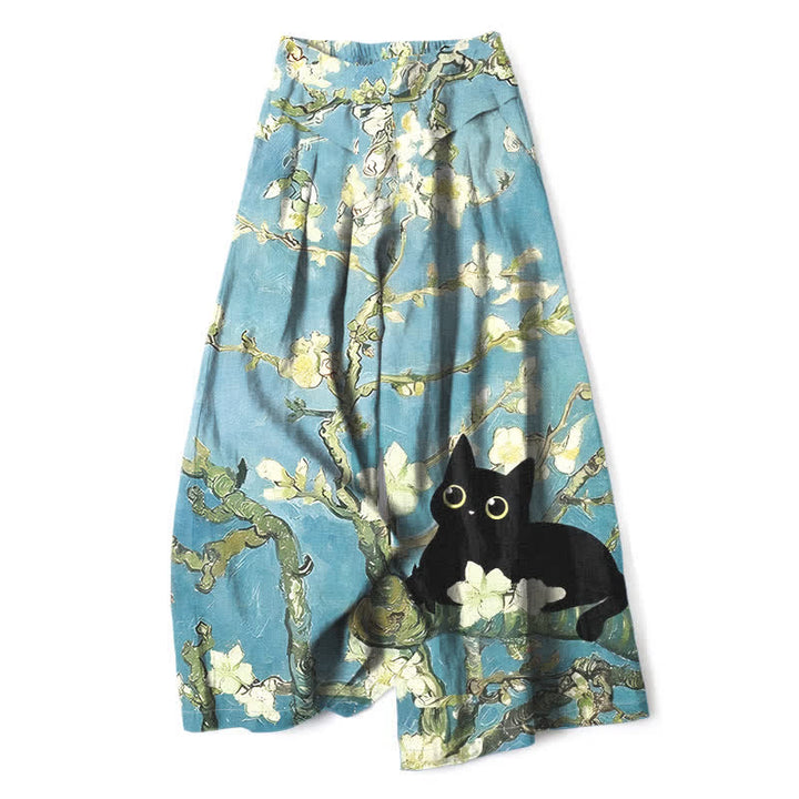 Buddha Stones Pantalones de mujer de algodón y lino con estampado floral azul de gatos, cintura elástica y pernera ancha con bolsillos. - Turquesa pálido - US16，UK/AU20，EU48 (3XL) - image 0