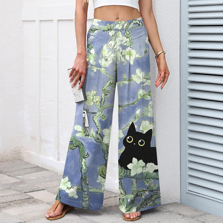 Buddha Stones Pantalones de mujer de algodón y lino con estampado floral azul de gatos, cintura elástica y pernera ancha con bolsillos. - image 5