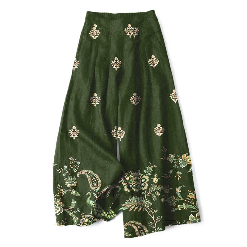 Buddha Stones Pantalones de mujer de lino y algodón con estampado floral bohemio tipo cachemir, cintura elástica y pernera ancha con bolsillos. - Verde oliva oscuro - US16，UK/AU20，EU48 (3XL) - image 0