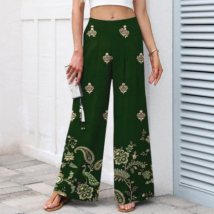 Buddha Stones Pantalones de mujer de lino y algodón con estampado floral bohemio tipo cachemir, cintura elástica y pernera ancha con bolsillos. - image 1