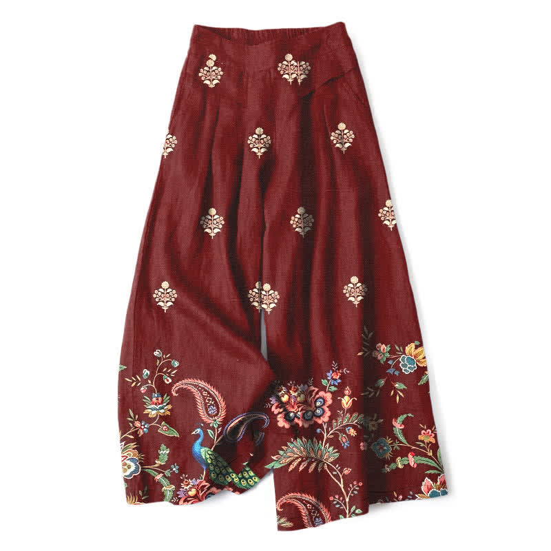 Buddha Stones Pantalones de mujer de lino y algodón con estampado floral bohemio tipo cachemir, cintura elástica y pernera ancha con bolsillos. - Granate - US16，UK/AU20，EU48 (3XL) - image 4