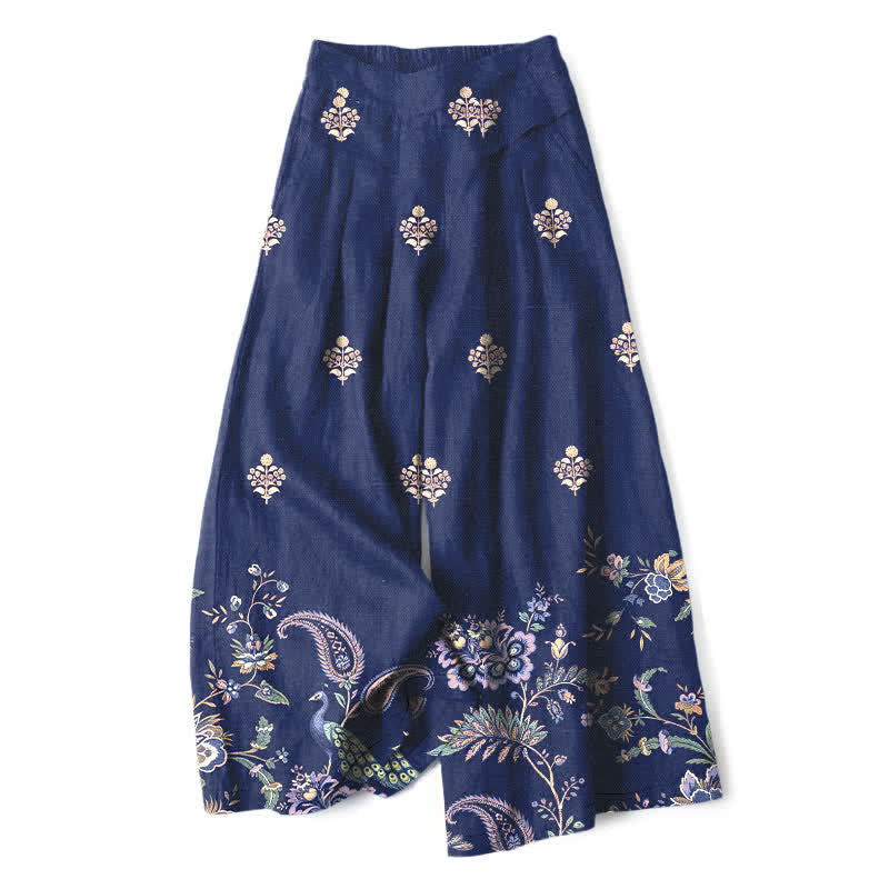 Buddha Stones Pantalones de mujer de lino y algodón con estampado floral bohemio tipo cachemir, cintura elástica y pernera ancha con bolsillos. - Marina de guerra - US16，UK/AU20，EU48 (3XL) - image 6