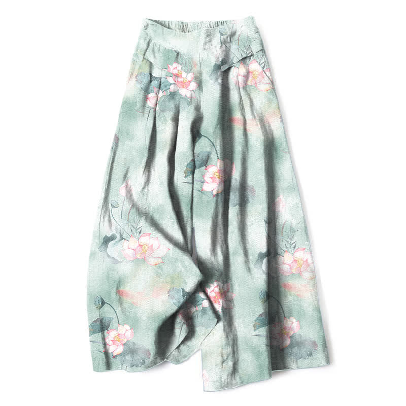 Buddha Stones Pantalones de mujer de algodón y lino con estampado floral de hojas de loto en acuarela, cintura elástica y pernera ancha con bolsillos. - Aguamarina - US16，UK/AU20，EU48 (3XL) - image 0