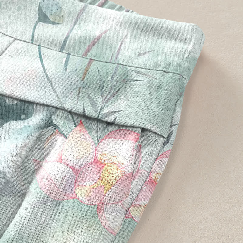 Buddha Stones Pantalones de mujer de algodón y lino con estampado floral de hojas de loto en acuarela, cintura elástica y pernera ancha con bolsillos. - image 2