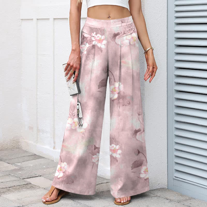 Buddha Stones Pantalones de mujer de algodón y lino con estampado floral de hojas de loto en acuarela, cintura elástica y pernera ancha con bolsillos. - image 5
