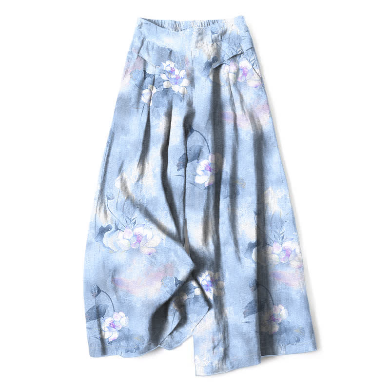 Buddha Stones Pantalones de mujer de algodón y lino con estampado floral de hojas de loto en acuarela, cintura elástica y pernera ancha con bolsillos. - Azul claro - US16，UK/AU20，EU48 (3XL) - image 6