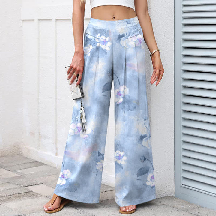 Buddha Stones Pantalones de mujer de algodón y lino con estampado floral de hojas de loto en acuarela, cintura elástica y pernera ancha con bolsillos. - image 7