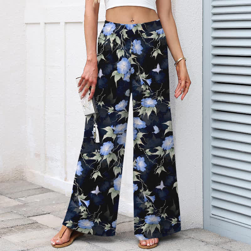 Buddha Stones Pantalones de mujer de lino y algodón con estampado floral azul y hojas, cintura elástica, pernera ancha y bolsillos. - image 1