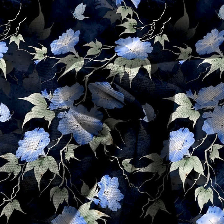 Buddha Stones Pantalones de mujer de lino y algodón con estampado floral azul y hojas, cintura elástica, pernera ancha y bolsillos. - image 3