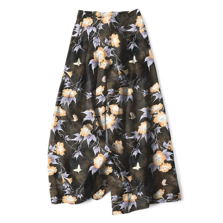 Buddha Stones Pantalones de mujer de lino y algodón con estampado floral azul y hojas, cintura elástica, pernera ancha y bolsillos. - vara de oro - US16，UK/AU20，EU48 (3XL) - image 6