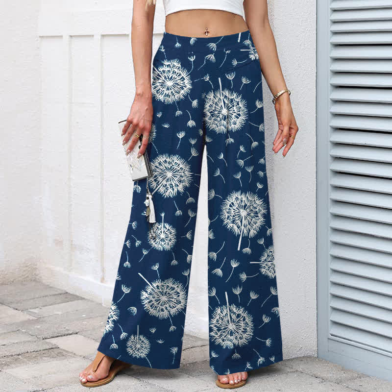 Buddha Stones Pantalones de mujer de algodón y lino con estampado de diente de león blanco, cintura elástica, pernera ancha y bolsillos. - image 1