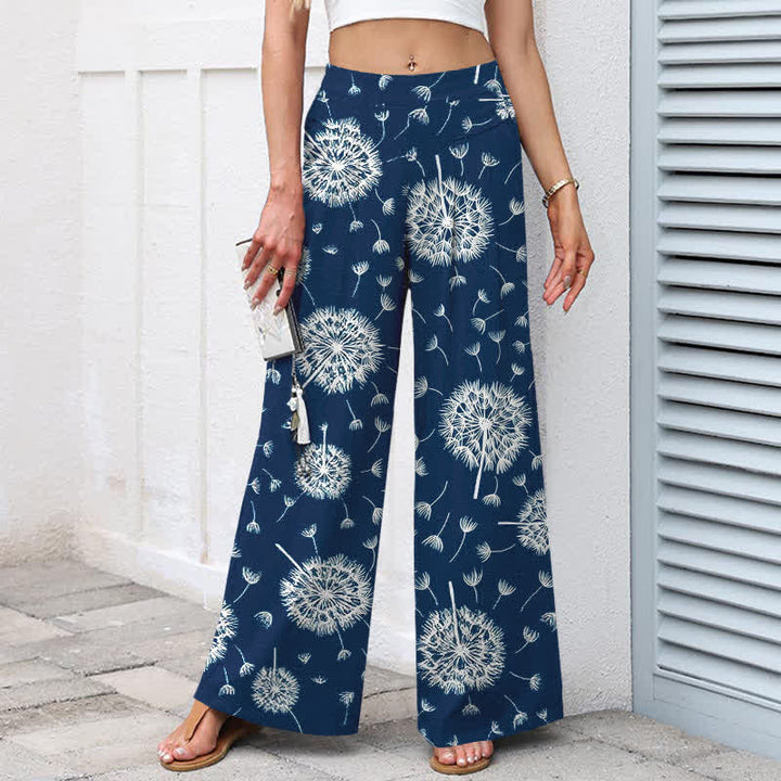 Buddha Stones Pantalones de mujer de algodón y lino con estampado de diente de león blanco, cintura elástica, pernera ancha y bolsillos. - image 1